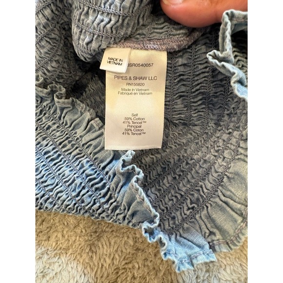 Veronica Beard Chambray Smocked Denim Top Ruffle Neck Puff Sleeve Blouse Women 2 - Picture 6 of 16